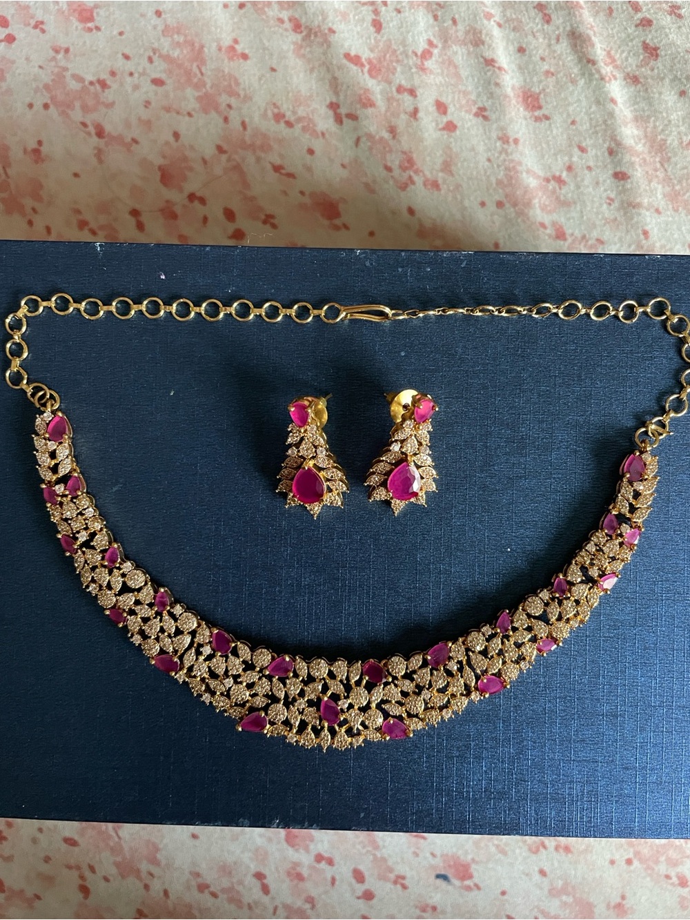 Gold-Tone Necklace and Earrings Set with Fuchsia Accent Stones